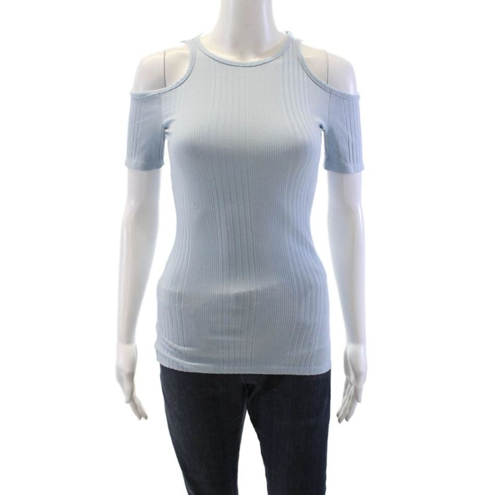 Frame Shirt Womens Short Sleeve Crew Neck Ribbed Cold Shoulder Top Blue Size XS